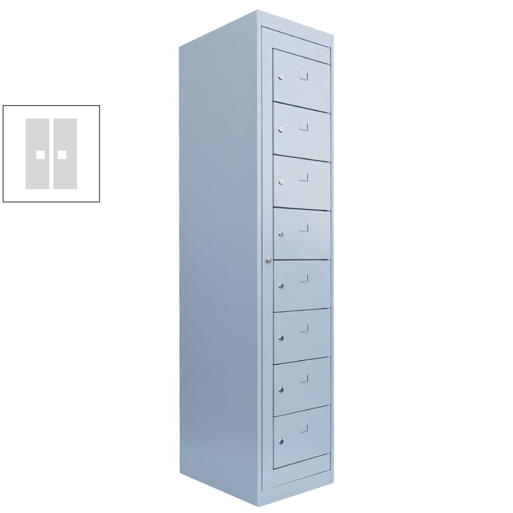 Verteilerschrank, Ausgabeschrank, Fächerschrank, Zentraltür, 1 Abteil, 8 Fächer, 1.800 x 400 x 500 mm (HxBxT), Korpus lichtgrau, Front enzianblau