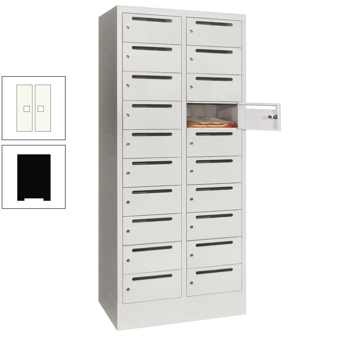 Postverteilerschrank, Schließfachschrank, 2 Abteile a 400 mm, 20 Fächer, 1.850 x 800 x 500 mm (HxBxT), Korpus anthrazitgrau, Front anthrazitgrau