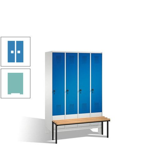 Stahl-Garderobenschrank, Spind, Buche Sitzbank vorgebaut, 4 Abteile a 300 mm, Korpus Lichtgrün, Tür Schwefelgelb, 1.850 x 1.200 x 815 mm (HxBxT)