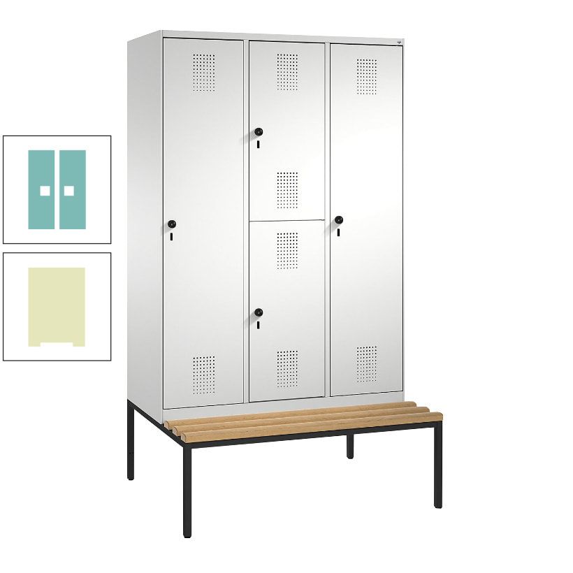 Garderobenschrank, Spind ein- und doppelstöckig Sitzbank, 3 Abteile, 4 Fächer, 2.090x1.200x500 mm (HxBxT), Front anthrazitgrau, Korpus anthrazitgrau
