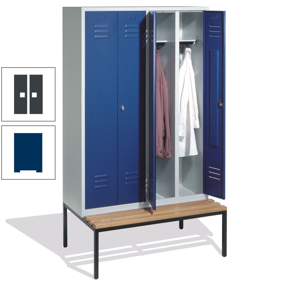 Doppel-Spindschrank, Buche Sitzbank untergebaut, 4 Abteile a 300 mm, Korpus lichtgrau, Tür anthrazitgrau, 2.090 x 1.190 x 815 mm (HxBxT)