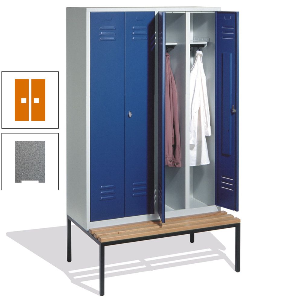 Doppel-Spindschrank, Buche Sitzbank untergebaut, 4 Abteile a 300 mm, Korpus lichtgrau, Tür anthrazitgrau, 2.090 x 1.190 x 815 mm (HxBxT)
