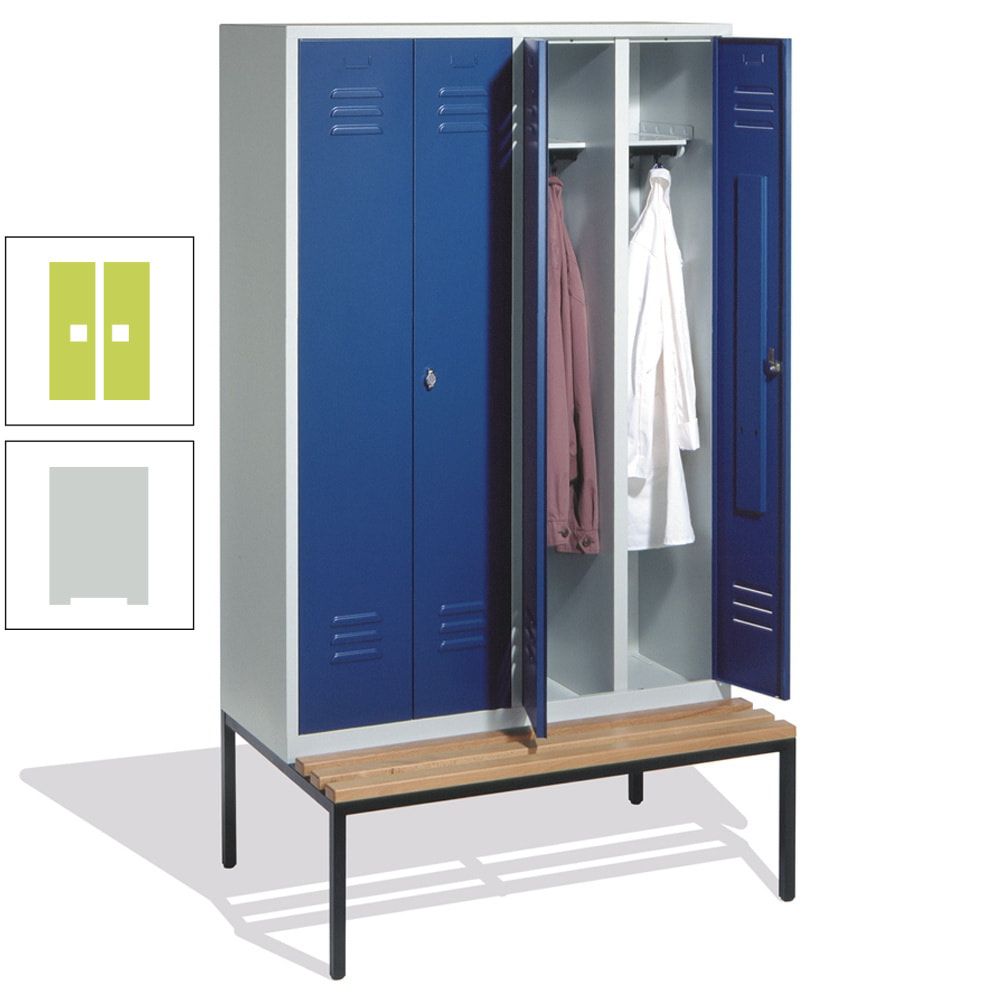 Doppel-Spindschrank, Buche Sitzbank untergebaut, 4 Abteile a 300 mm, Korpus lichtgrau, Tür anthrazitgrau, 2.090 x 1.190 x 815 mm (HxBxT)