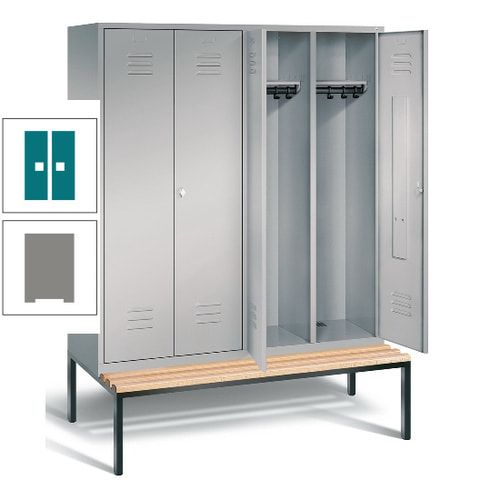 Doppel-Spindschrank, Buche Sitzbank untergebaut, 4 Abteile a 400 mm, Korpus lichtgrau, Tür anthrazitgrau, 2.090 x 1.590 x 815 mm (HxBxT)