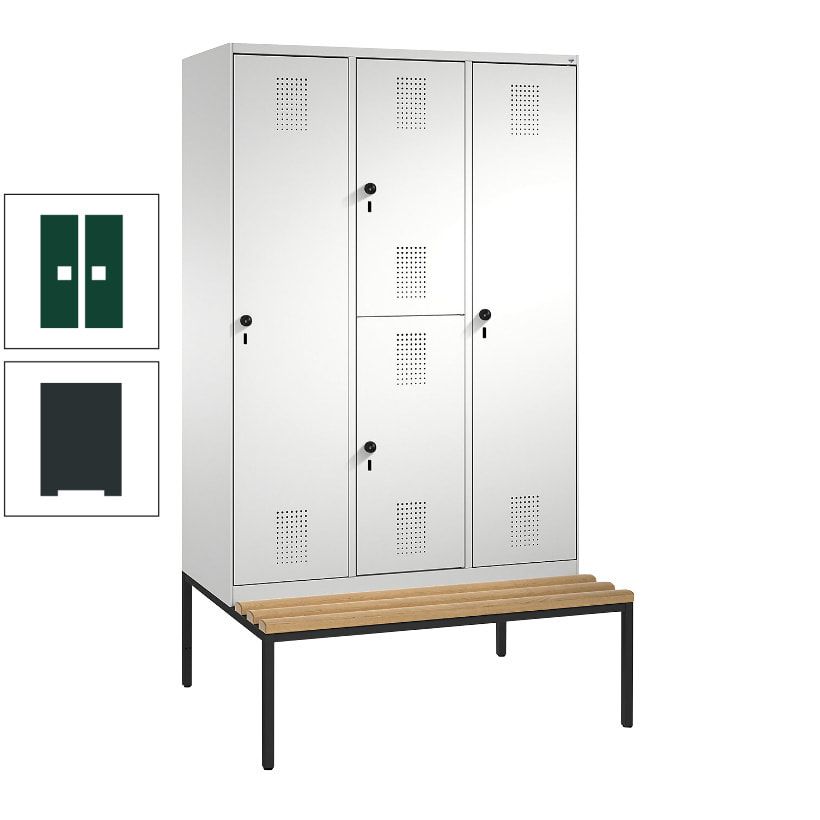 Garderobenschrank, Spind ein- und doppelstöckig Sitzbank, 3 Abteile, 4 Fächer, 2.090x1.200x500 mm (HxBxT), Front anthrazitgrau, Korpus anthrazitgrau