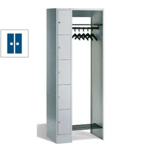 Garderobenanlage, Offene Garderobe mit Spindschrank, 5 Fächer, links, Korpusfarbe lichtgrau, Türfarbe enzianblau, 1.950 x 740 x 480 mm (HxBxT)