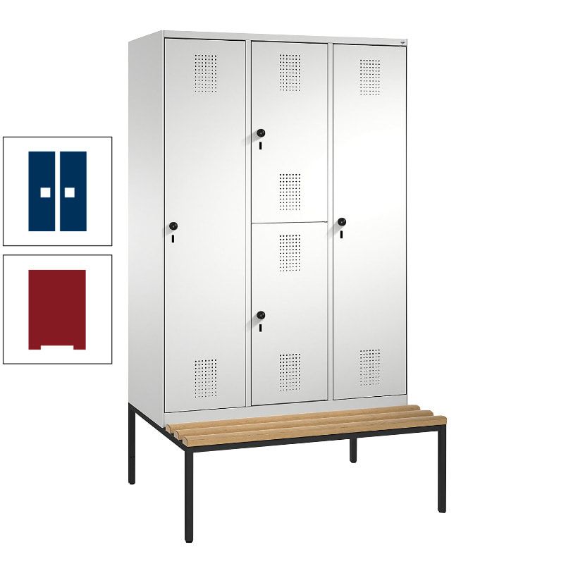 Garderobenschrank, Spind ein- und doppelstöckig Sitzbank, 3 Abteile, 4 Fächer, 2.090x1.200x500 mm (HxBxT), Front anthrazitgrau, Korpus anthrazitgrau