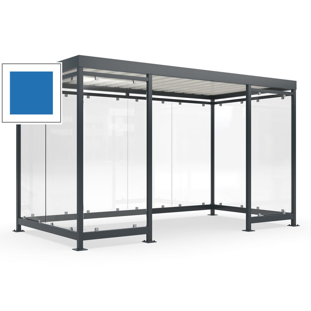 Fahrgastunterstand, Raucherunterstand, fertig montiert, Aufdübeln, 12-13 Personen, 2.510 x 4.195 x 2.165 mm (HxBxT), 10 Wände, Achatgrau