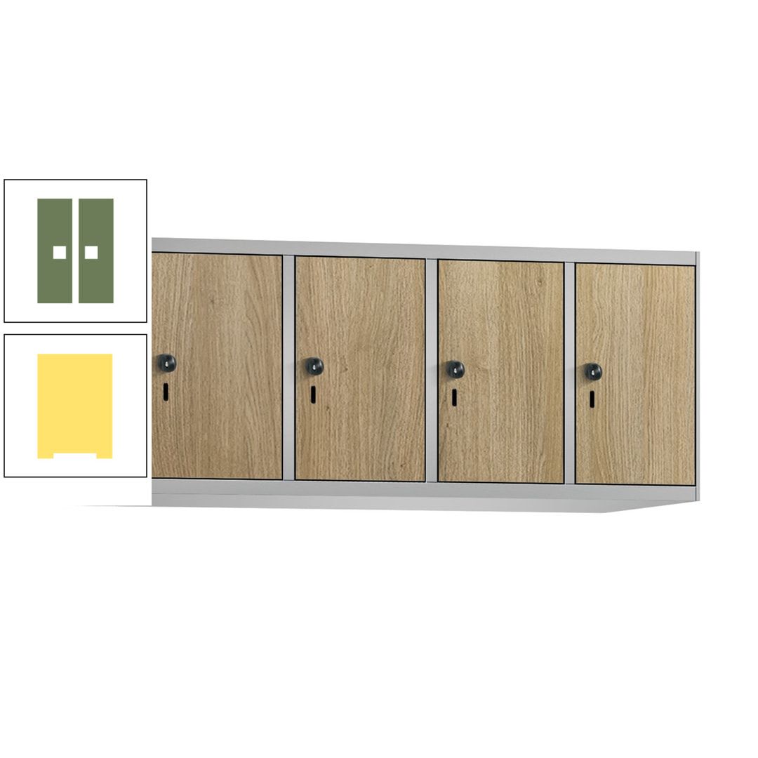 Aufsatzschrank, Schrankaufsatz, 4 Fächer a 300 mm, Farbe Pastellgelb, Tür anthrazitgrau, 500 x 1.200 x 500 mm (HxBxT)