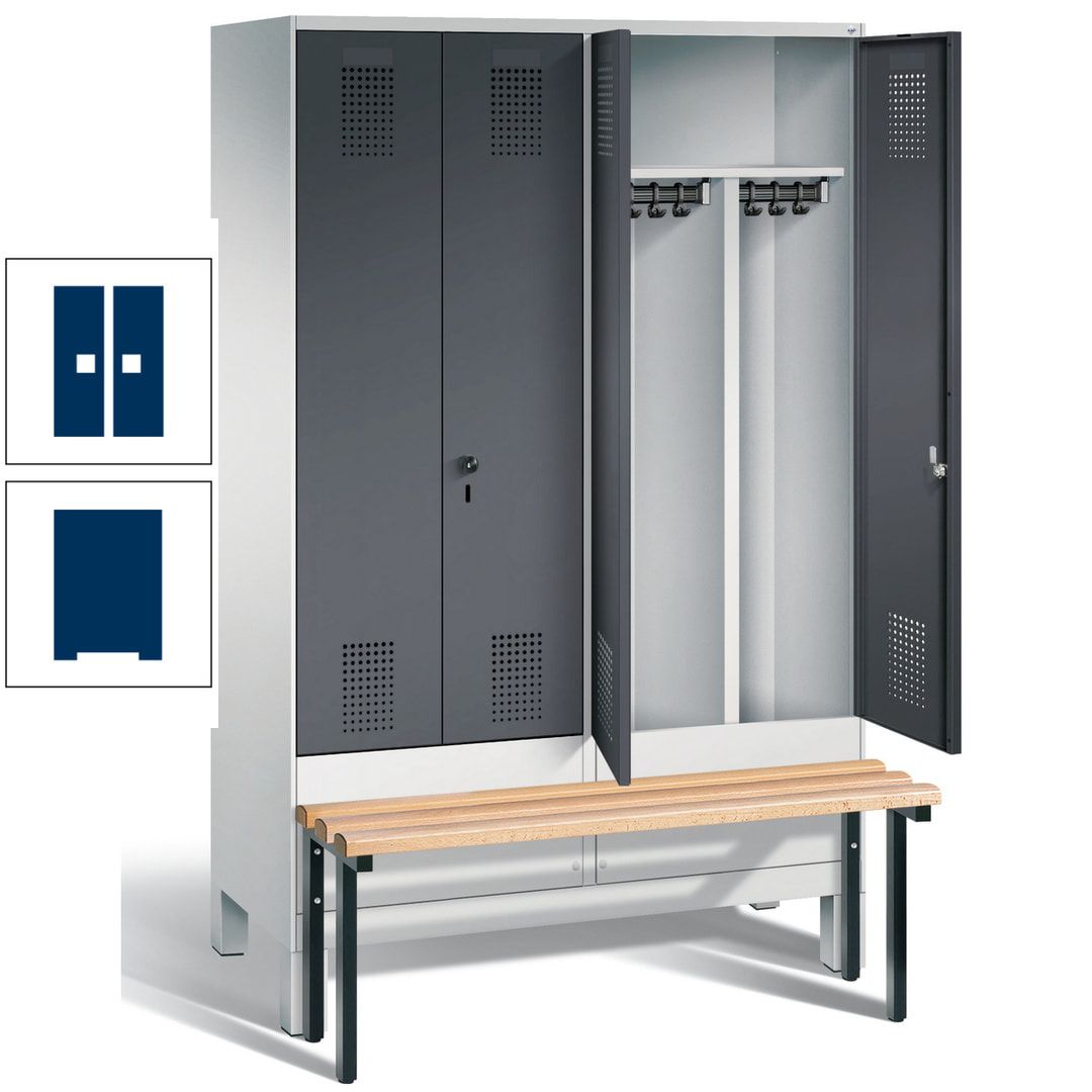 Doppel-Spind, Garderobenschrank, Buche Sitzbank vorgebaut, 4 Abteile a 300 mm, Korpus feuerrot, Tür Wasserblau, 1.850 x 1.200 x 815 mm (HxBxT)