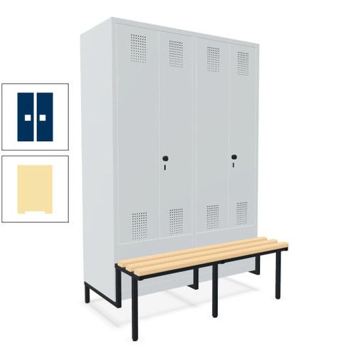 Doppel-Spind, Garderobenschrank, Buche Sitzbank integriert, 4 Abteile 300 mm, Korpus anthrazitgrau, Tür anthrazitgrau, 1.850 x 1.200 x 815 mm (HxBxT)