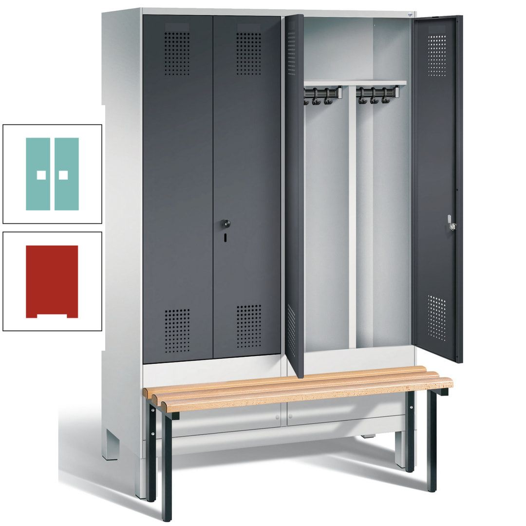 Doppel-Spind, Garderobenschrank, Buche Sitzbank vorgebaut, 4 Abteile a 300 mm, Korpus feuerrot, Tür Wasserblau, 1.850 x 1.200 x 815 mm (HxBxT)