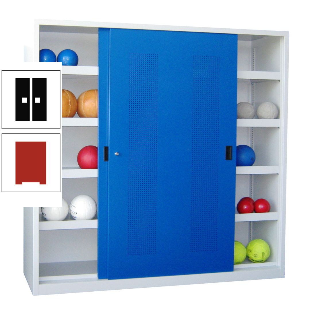 Ballschrank - Schiebetüren mit Lochfeld - Trennwand - 8 Böden - 1.950x2.000x600 mm (HxBxT) - anthrazitgrau