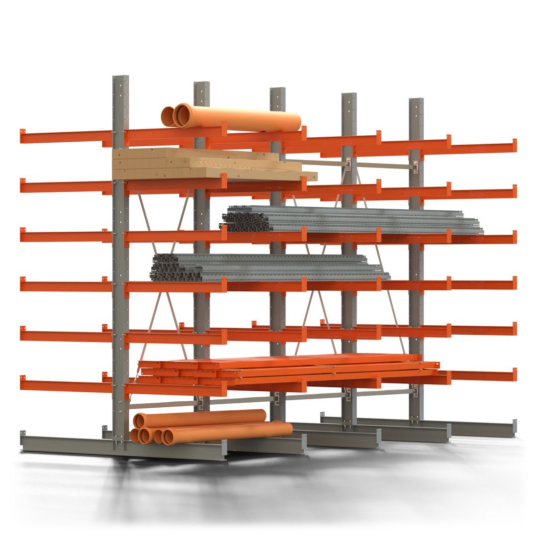 Doppelseitiges Kragarmregal, 2 Felder, 3.000 x 2.000 x 1.120 mm (HxBxT), Nutztiefe 500 mm, Kragarmlast 870 kg, KARL basic, silbergrau/reinorange