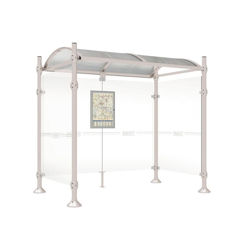 Buswartehalle, Unterstand, 2 Seitenwände, Kopf gebürsteter Edelstahl, ESG, Fahrplanschaukasten, 2.500 x 2.500 x 1.600 mm (HxBxT), Farbe enzianblau