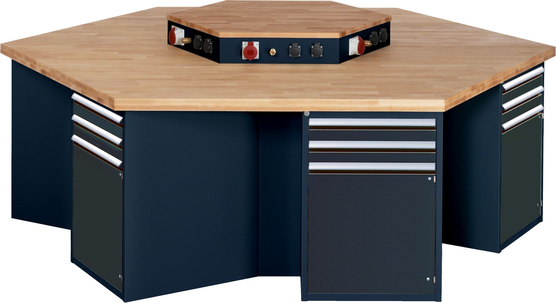 Gruppenwerkbank, Buche, Höhe 840 mm, mit Energieaufsatz, Unterbau-Container, 2 Schubladen, 1 Tür, 1 Boden - Anthrazitgrau