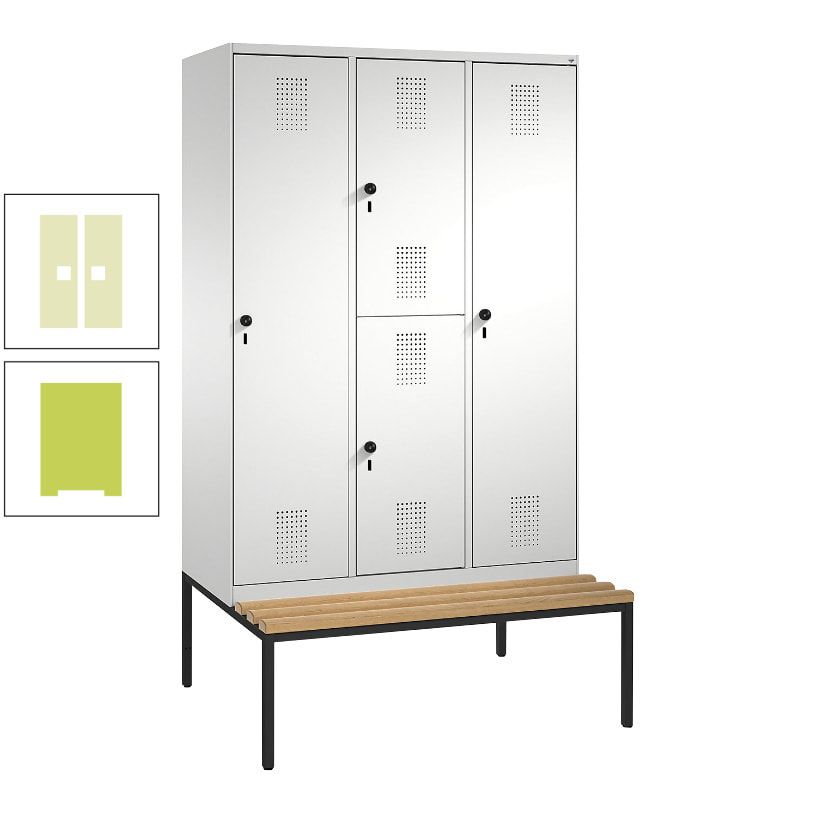 Garderobenschrank, Spind ein- und doppelstöckig Sitzbank, 3 Abteile, 4 Fächer, 2.090x1.200x500 mm (HxBxT), Front anthrazitgrau, Korpus anthrazitgrau