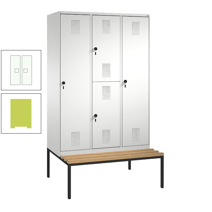Garderobenschrank, Spind ein- und doppelstöckig Sitzbank, 3 Abteile, 4 Fächer, 2.090x1.200x500 mm (HxBxT), Front anthrazitgrau, Korpus anthrazitgrau