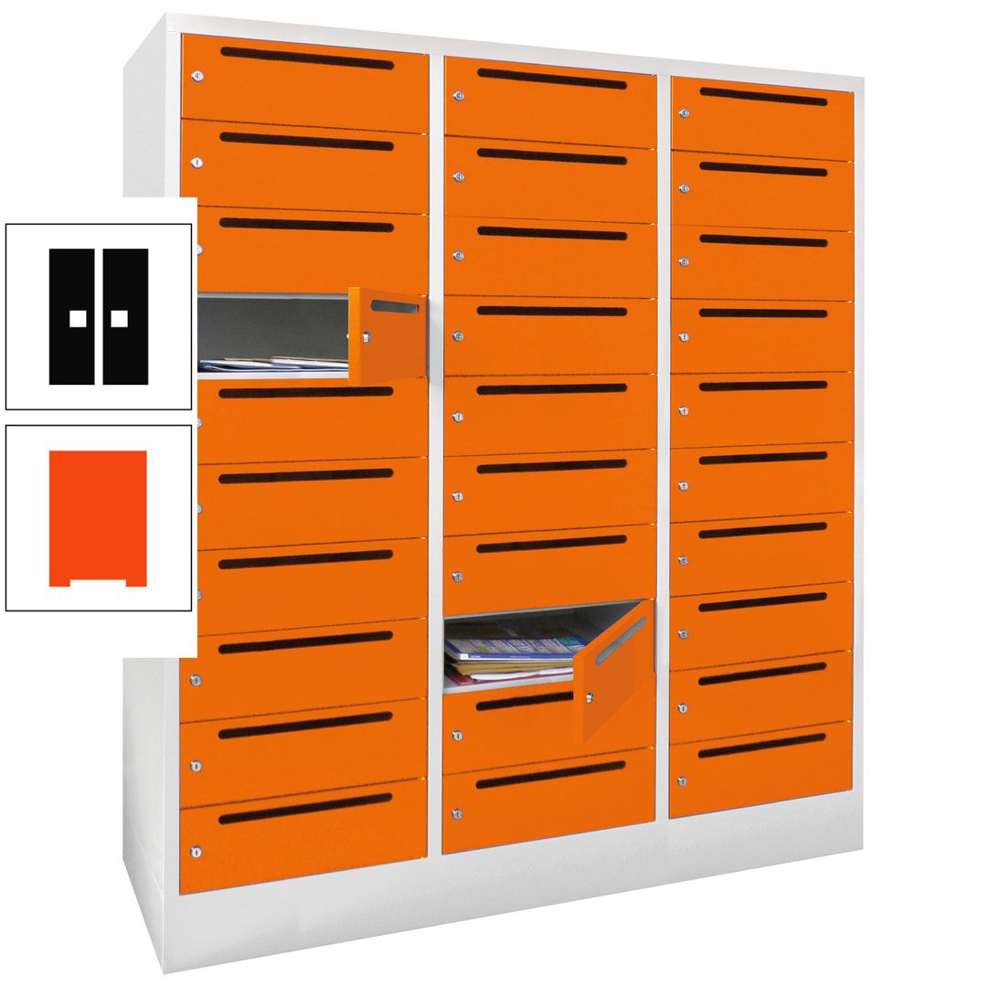 Postverteilerschrank, Schließfachschrank, 3 Abteile a 40 cm, 30 Fächer, 1.850 x 1.200 x 500 mm (HxBxT), Korpus anthrazitgrau, Front anthrazitgrau