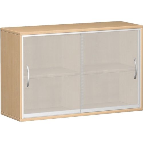Glas-Schiebetürenschrank, Schiebetürschrank, satiniert, Mittelseite, 2 Böden, 2 Ordnerhöhen, 768 x 1.200 x 425 mm (HxBxT), Korpusfarbe Ahorn