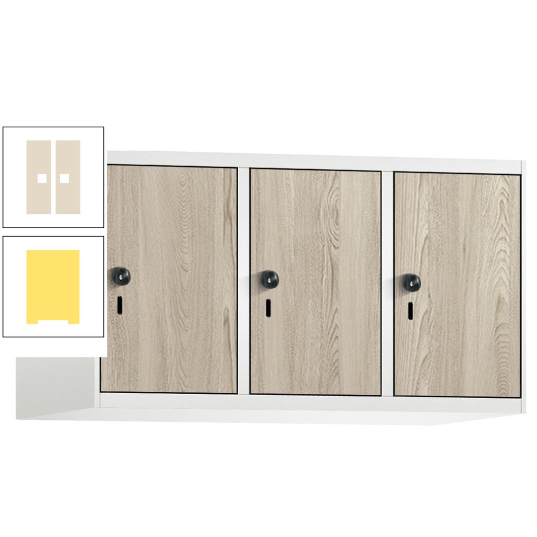 Aufsatzschrank, Schrankaufsatz, 3 Fächer a 300 mm, Farbe Pastellgelb, Tür anthrazitgrau, 500 x 900 x 500 mm (HxBxT)