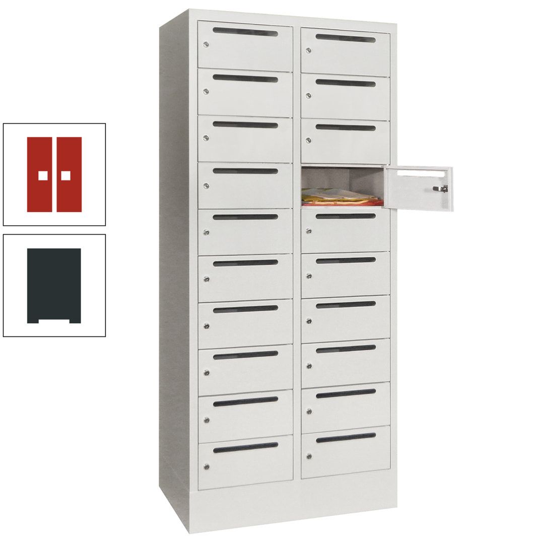 Postverteilerschrank, Schließfachschrank, 2 Abteile a 400 mm, 20 Fächer, 1.850 x 800 x 500 mm (HxBxT), Korpus anthrazitgrau, Front anthrazitgrau