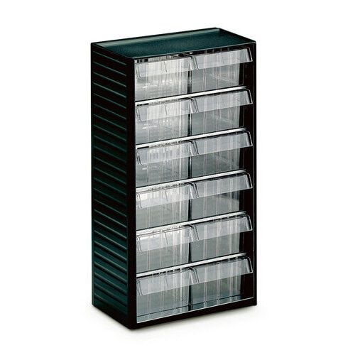 Kleinteilemagazin, 550 x 310 x 180 mm (HxBxT), Gehäuse anthrazitgrau, Schubladen glasklar, 12 Schubladen, Größe 138 x 81 mm (BxH)