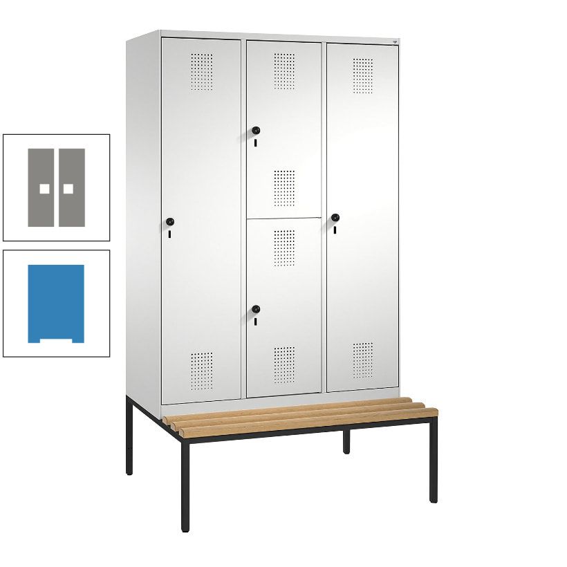 Garderobenschrank, Spind ein- und doppelstöckig Sitzbank, 3 Abteile, 4 Fächer, 2.090x1.200x500 mm (HxBxT), Front anthrazitgrau, Korpus anthrazitgrau