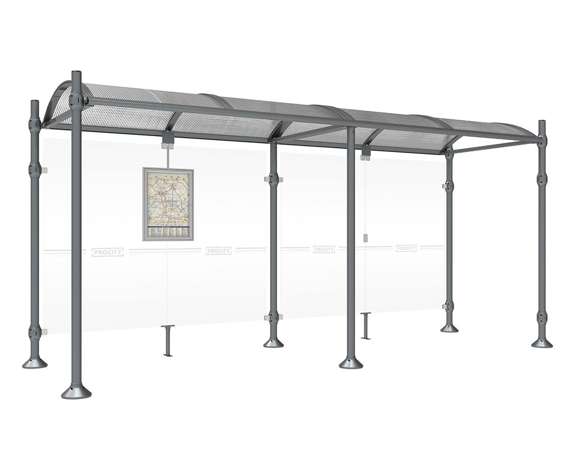 Buswartehalle, Unterstand, 2.500 x 2.500 x 1.600 mm (HxBxT), Kopfmodell Agora, ESG, Fahrplanschaukasten, Farbe enzianblau