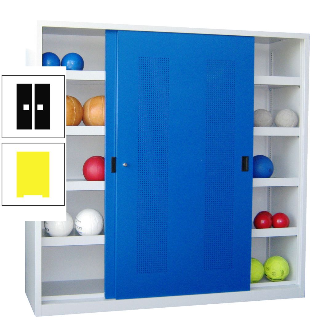 Ballschrank - Schiebetüren mit Lochfeld - Trennwand - 8 Böden - 1.950x2.000x600 mm (HxBxT) - anthrazitgrau