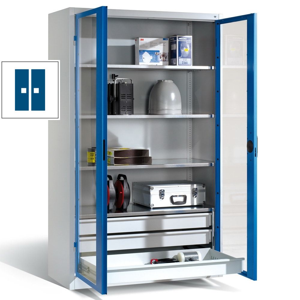 C+P Großraum Werkzeugschrank, Sichtfenstertüren, 4 Fachböden, 3 Schubladen unten, Farbe lichtgrau, 1.950 x 930 x 500 (HxBxT)