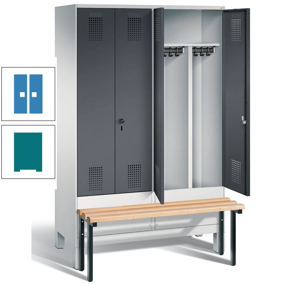 Doppel-Spind, Garderobenschrank, Buche Sitzbank vorgebaut, 4 Abteile a 300 mm, Korpus feuerrot, Tür Wasserblau, 1.850 x 1.200 x 815 mm (HxBxT)