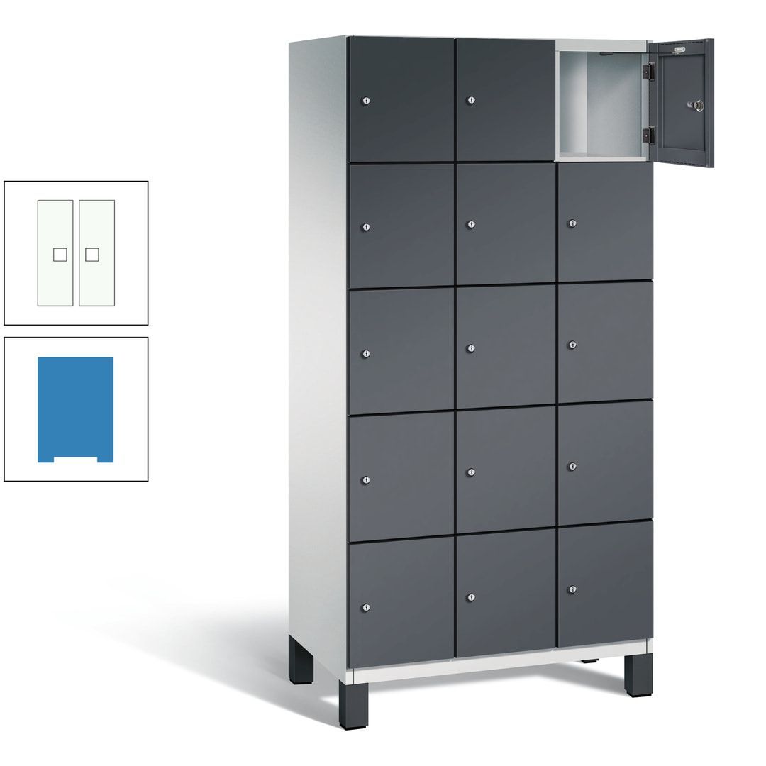 Fächerschrank, Stahlschrank, 15 Fächer, Türöffnungsbegrenzer, Füße, 1.980 x 900 x 525 mm (HxBxT), Korpus anthrazitgrau, Front anthrazitgrau