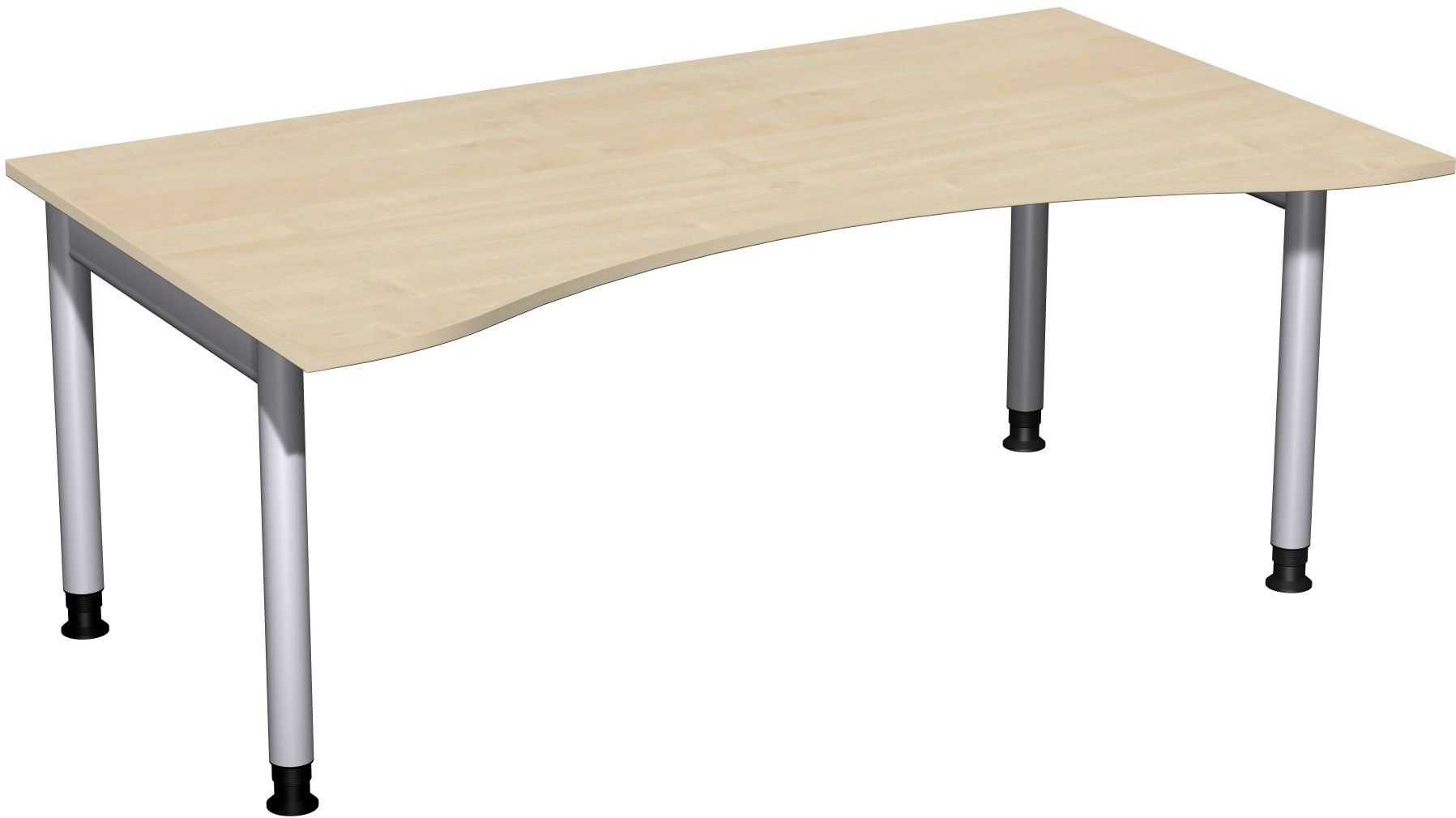 Ergo-Schreibtisch, Füße einseitig verkürzt, 4-Fuß Pro, höhenverstellbar, 680-800 x 1.600 x 1.000 mm (HxBxT), Gestell silber, Dekor Ahorn
