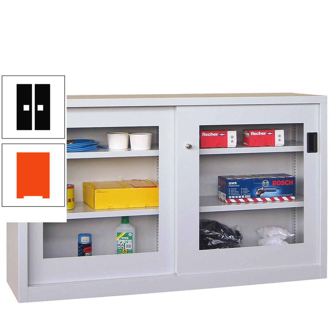 Schiebetürenschrank - Sichtfenstertüren - 1.000x1.500x600 mm (HxBxT) - 4 Böden, verzinkt - Zylinderschloss - anthrazitgrau
