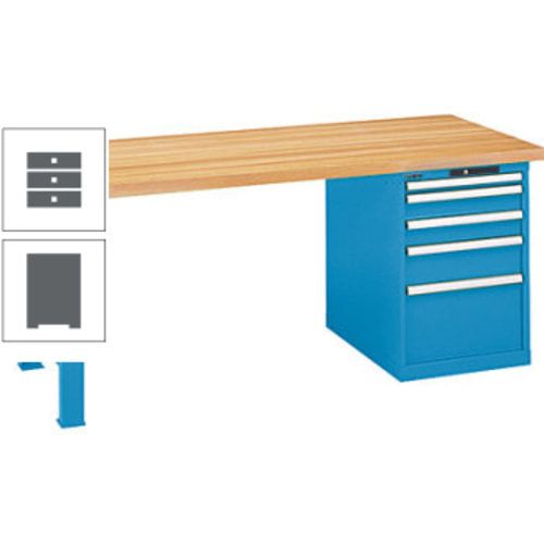 Werkbank, Buche Arbeitsplatte - Code Lock - Tragkraft 1.000 kg - 850 x 2.000 x 800 mm (HxBxT) - 4 Schubladen - Capriblau