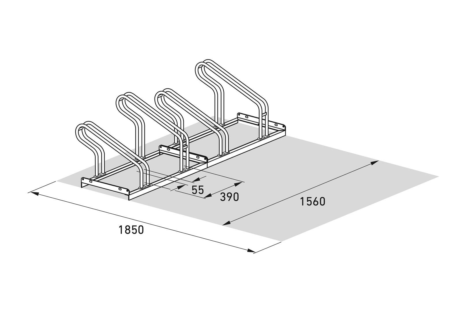 Fahrrad-Bügelparker, Rundrohr, Silber, Stahl, 4 Stellplätze, für extra breite Fahrräder, höhenversetzt, Reihenverbindung, 415 x 1.560 x 538 mm (HxBxT)