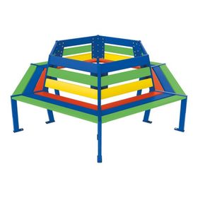 Baum-Rundbank, achteckig, mehrfarbig, Tropenholz, Stahlrohr enzianblau, Sitzhöhe wählbar, Außendurchmesser 2.000 mm, Innendurchmesser wählbar