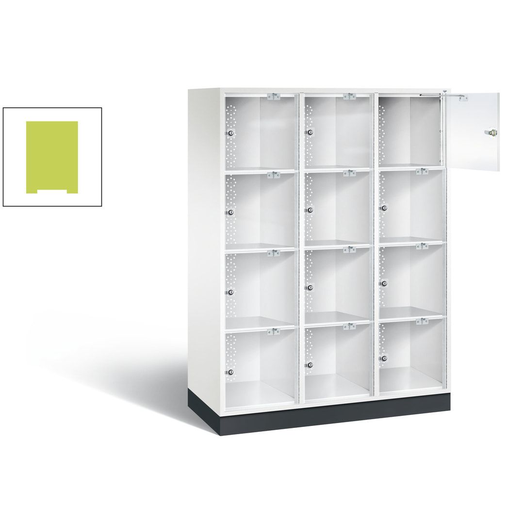 Schließfachschrank, Fächerschrank mit Türen aus Acrylglas, 3 Abteile, 12 Fächer, Zylinderschloss, 1.750 x 1.220 x 500 mm (HxBxT), Korpus anthrazitgrau