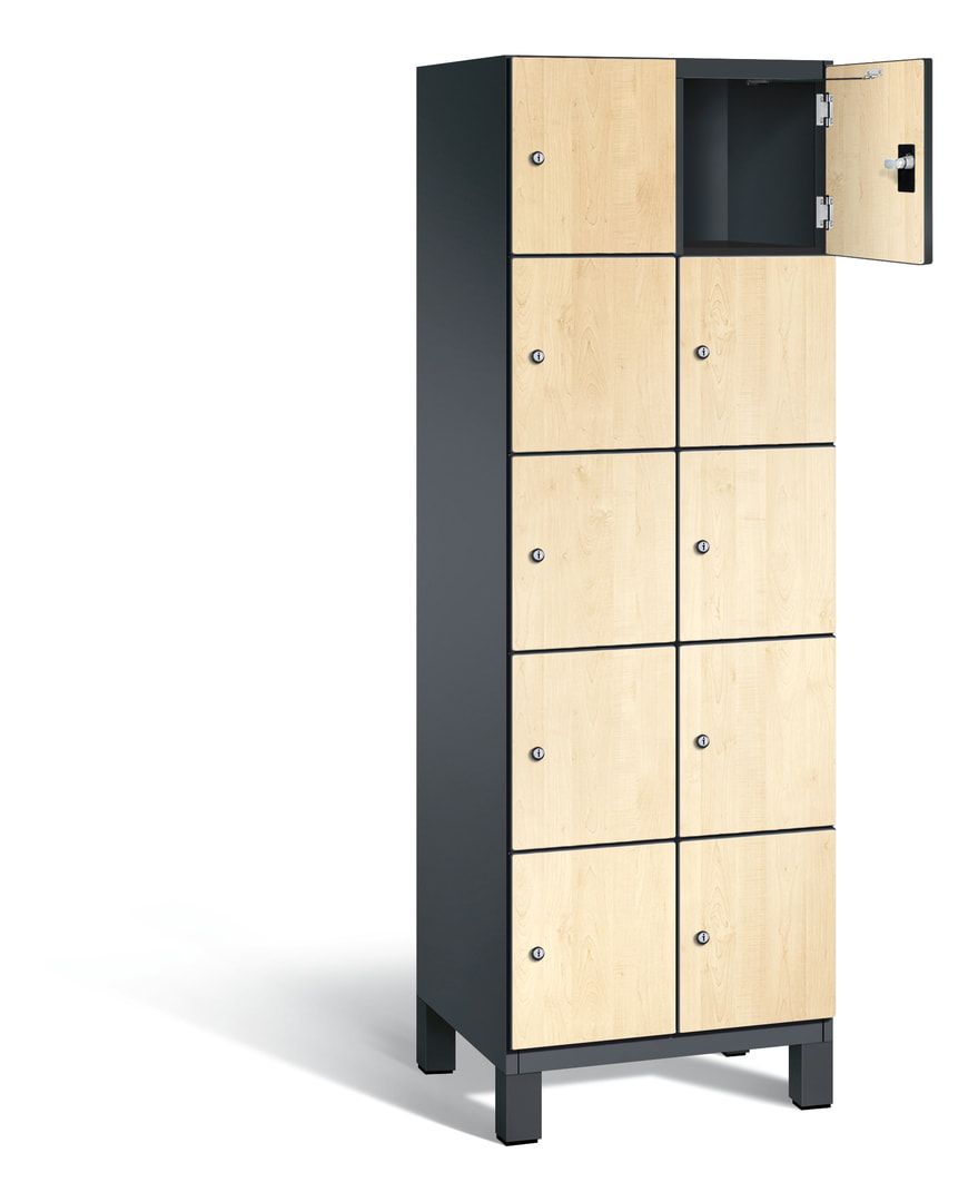 Fächerschrank, Stahlschrank, 10 Fächer, Türöffnungsbegrenzer, Füße, 1.980 x 600 x 525 mm, Korpus anthrazitgrau, Dekorfront HPL Donau-Ahorn