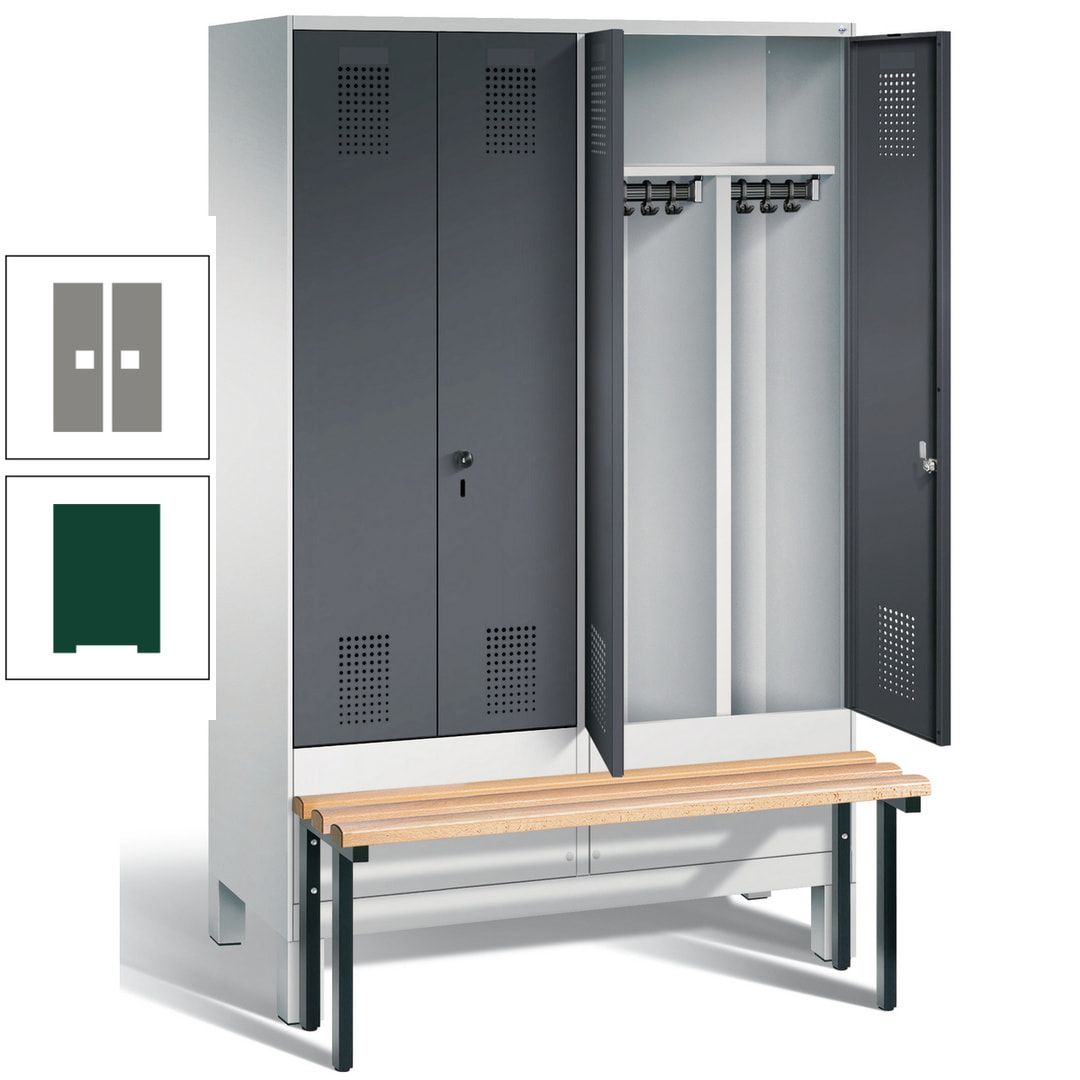 Doppel-Spind, Garderobenschrank, Buche Sitzbank vorgebaut, 4 Abteile a 300 mm, Korpus feuerrot, Tür Wasserblau, 1.850 x 1.200 x 815 mm (HxBxT)
