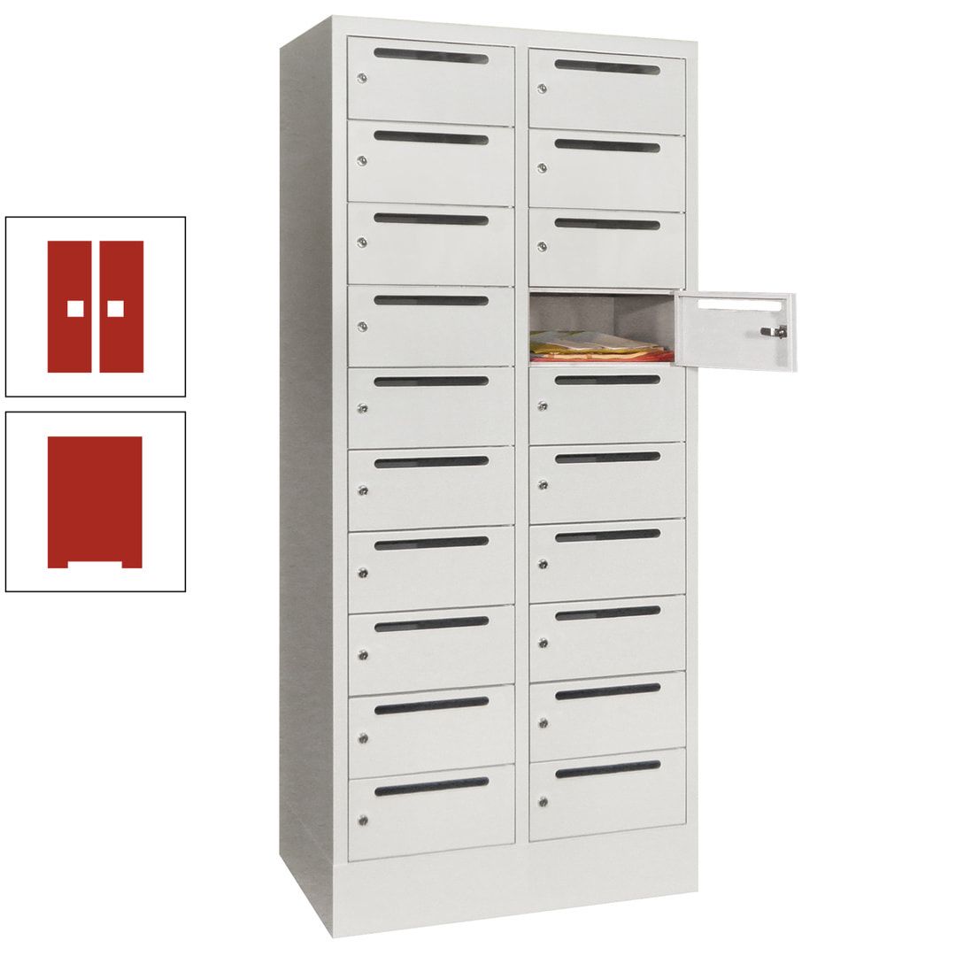 Postverteilerschrank, Schließfachschrank, 2 Abteile a 400 mm, 20 Fächer, 1.850 x 800 x 500 mm (HxBxT), Korpus anthrazitgrau, Front anthrazitgrau