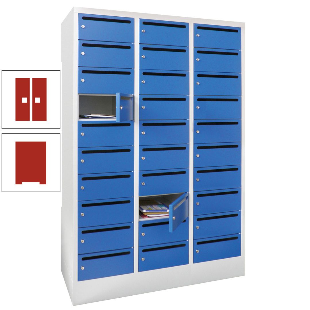 Postverteilerschrank, Schließfachschrank, 3 Abteile a 300 mm, 30 Fächer, 1.850 x 900 x 500 mm (HxBxT), Korpus anthrazitgrau, Front anthrazitgrau