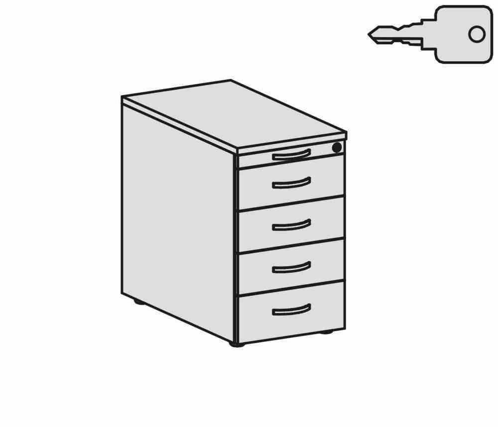 Standcontainer, 4 Schubladen, Ordnungsfach, Zentralverschluss, 720 x 438 x 800 mm (HxBxT), Front Ahorn, Oberboden Ahorn, Korpus Ahorn