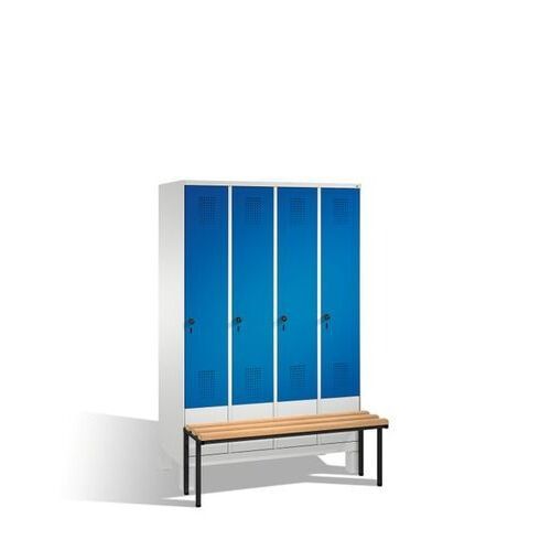 Stahl-Garderobenschrank, Spind, Buche Sitzbank vorgebaut, 4 Abteile a 300 mm, Korpus Lichtgrün, Tür Schwefelgelb, 1.850 x 1.200 x 815 mm (HxBxT)