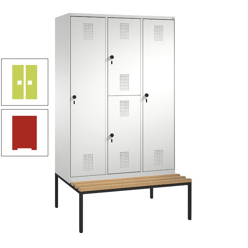 Garderobenschrank, Spind ein- und doppelstöckig Sitzbank, 3 Abteile, 4 Fächer, 2.090x1.200x500 mm (HxBxT), Front anthrazitgrau, Korpus anthrazitgrau