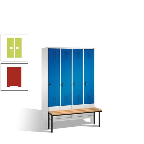 Stahl-Garderobenschrank, Spind, Buche Sitzbank vorgebaut, 4 Abteile a 300 mm, Korpus Lichtgrün, Tür Schwefelgelb, 1.850 x 1.200 x 815 mm (HxBxT)
