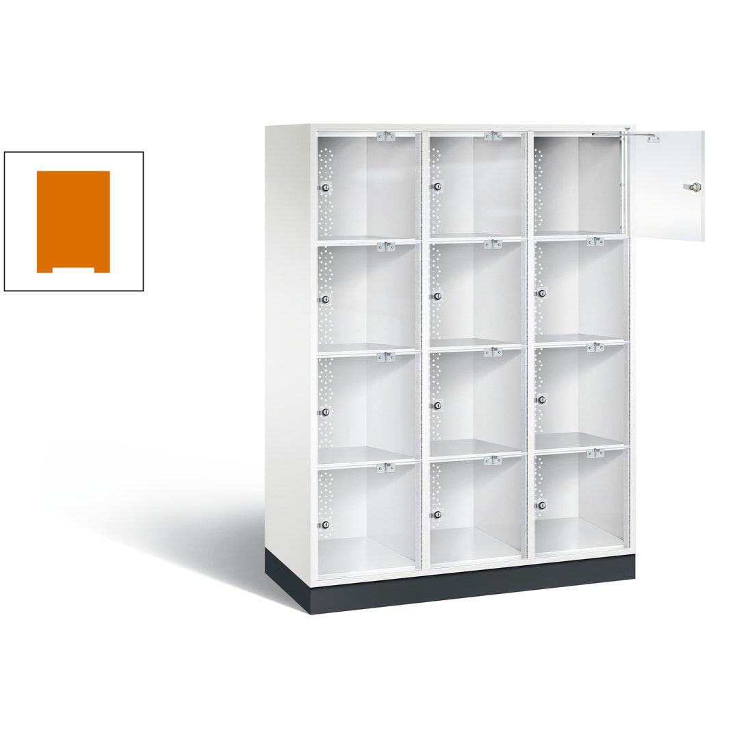 Schließfachschrank, Fächerschrank mit Türen aus Acrylglas, 3 Abteile, 12 Fächer, Zylinderschloss, 1.750 x 1.220 x 500 mm (HxBxT), Korpus anthrazitgrau