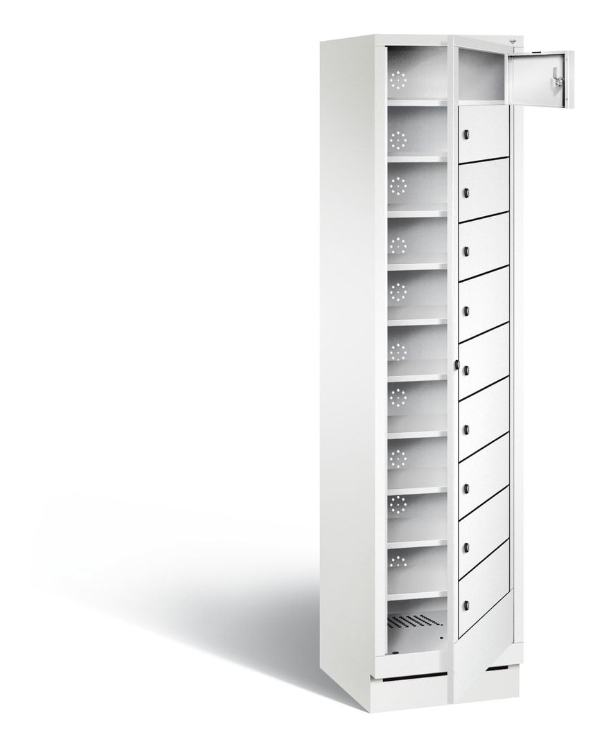 Wäscheschrank, Ausgabeschrank, Fächerschrank, Zentraltür, Sockel, 10 Fächer, Korpus Pastellgelb, Tür anthrazitgrau, 1.800 x 420 x 500 mm (HxBxT)