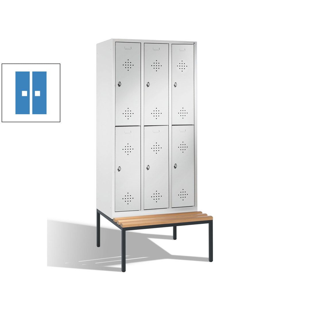 Garderobenschrank, Spind, 3 Abteile 6 Fächer, 2.090 x 1.200 x 815 mm (HxBxT), Hartholz Sitzbank untergebaut, Korpus anthrazitgrau, Türen anthrazitgrau